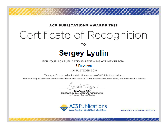 ACS Publications Certificate of Recognition